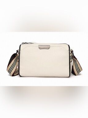 Off White Genuine Leather Crossbody Bag with Striped Strap